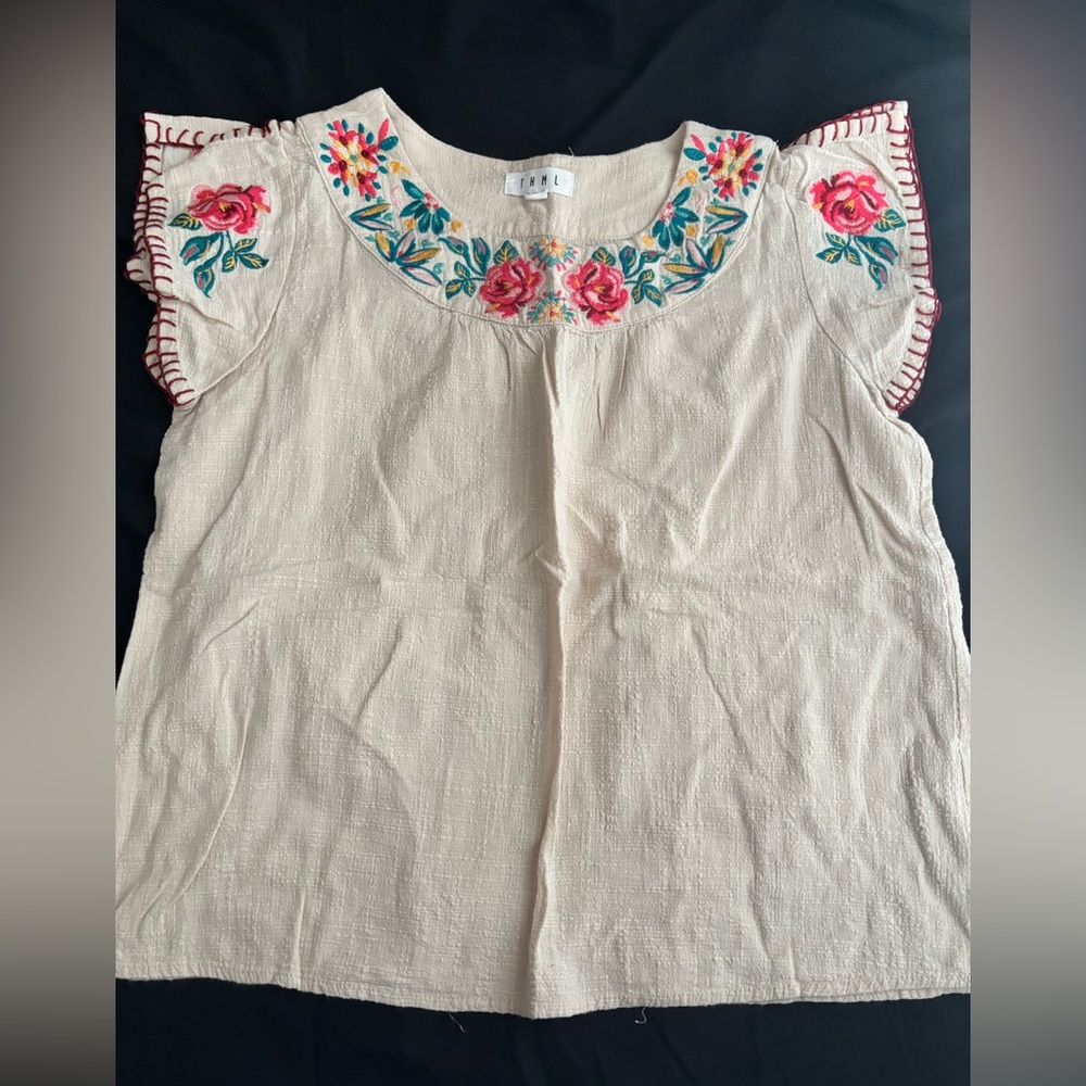 THML Cream Blouse with Pink Floral Embroidery